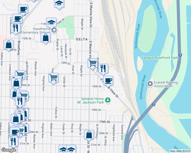 map of restaurants, bars, coffee shops, grocery stores, and more near 1517 Walnut Street in Everett