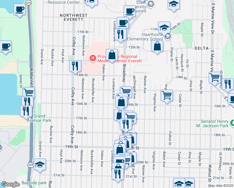 map of restaurants, bars, coffee shops, grocery stores, and more near 1515 Lombard Avenue in Everett