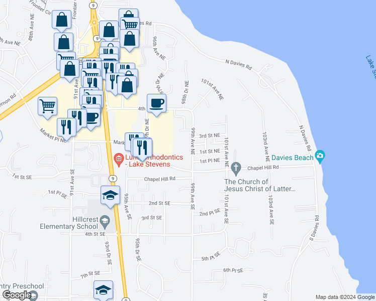 map of restaurants, bars, coffee shops, grocery stores, and more near 114 99th Avenue Northeast in Lake Stevens