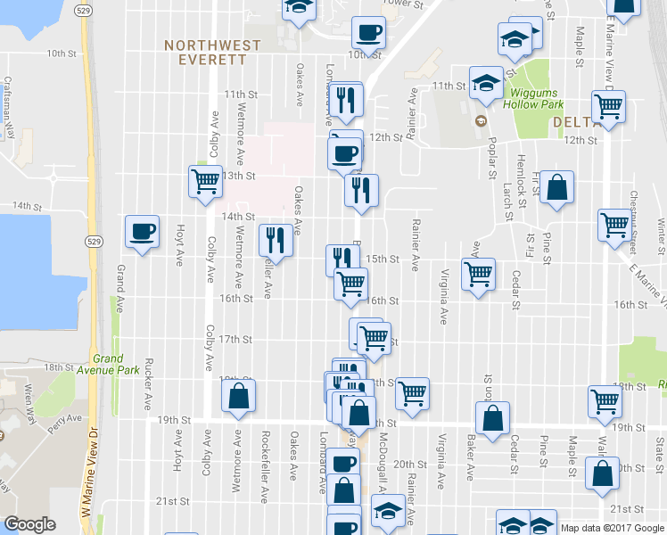 map of restaurants, bars, coffee shops, grocery stores, and more near 1505 Lombard Avenue in Everett
