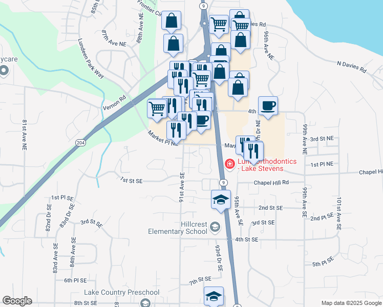 map of restaurants, bars, coffee shops, grocery stores, and more near 9126 1st Place Northeast in Lake Stevens