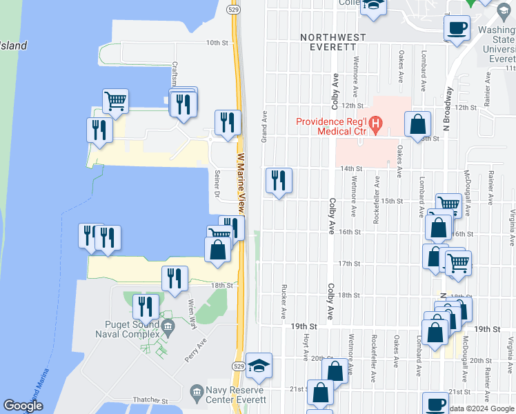map of restaurants, bars, coffee shops, grocery stores, and more near 1506 Grand Avenue in Everett