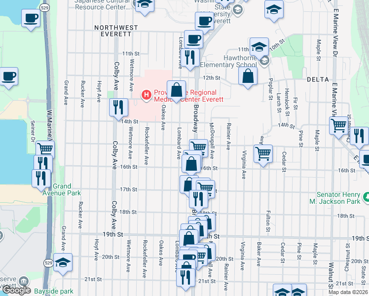 map of restaurants, bars, coffee shops, grocery stores, and more near 1515 Lombard Avenue in Everett