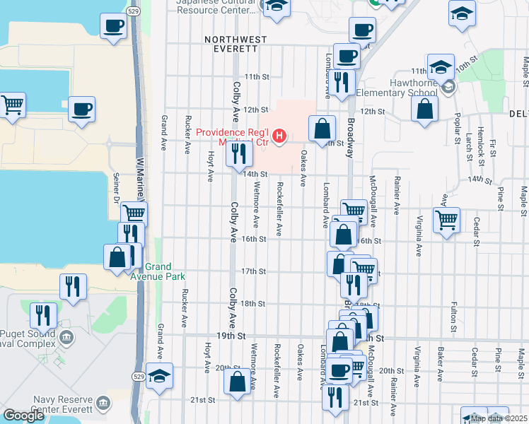 map of restaurants, bars, coffee shops, grocery stores, and more near 1517 Wetmore Avenue in Everett