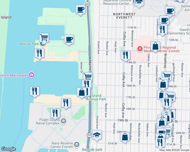 map of restaurants, bars, coffee shops, grocery stores, and more near 1514 Grand Avenue in Everett