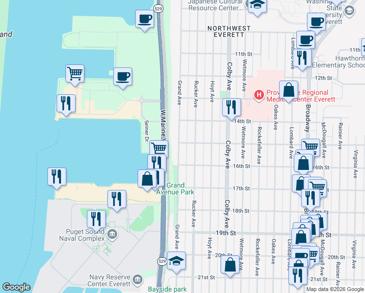 map of restaurants, bars, coffee shops, grocery stores, and more near 1503 Grand Avenue in Everett