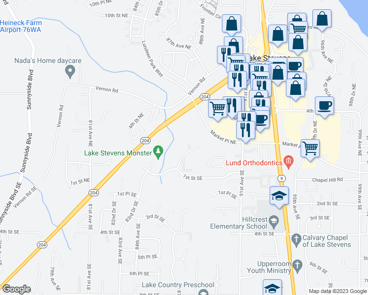 map of restaurants, bars, coffee shops, grocery stores, and more near 8705 1st Place Northeast in Lake Stevens