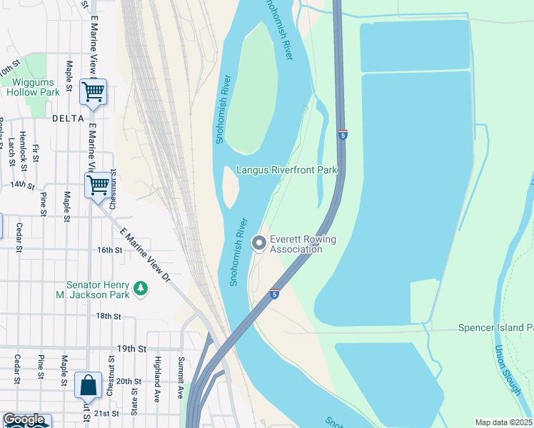 map of restaurants, bars, coffee shops, grocery stores, and more near Langus Riverfront Trail in Everett