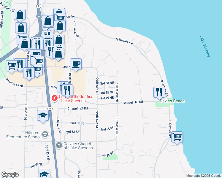 map of restaurants, bars, coffee shops, grocery stores, and more near 10038 2nd Place Northeast in Lake Stevens