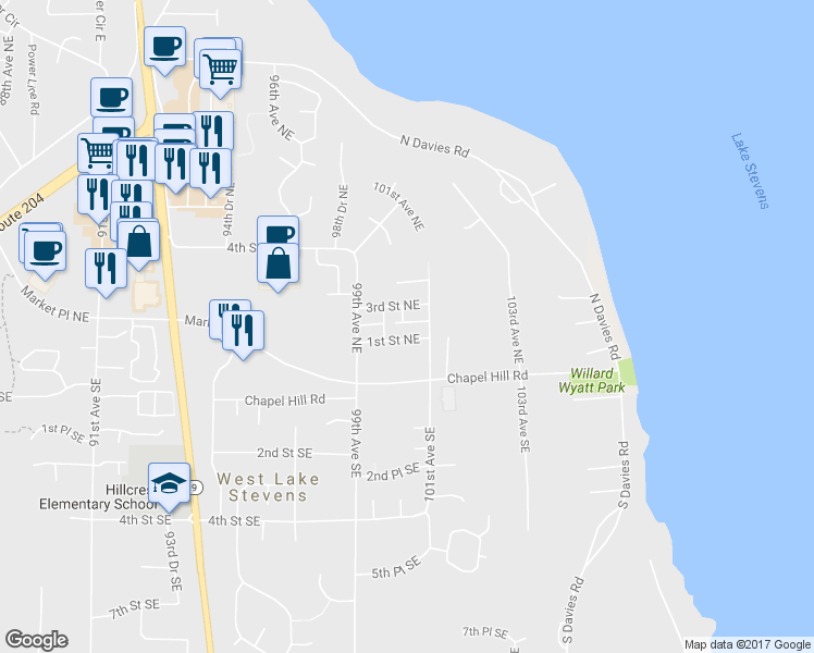 map of restaurants, bars, coffee shops, grocery stores, and more near 10038 2nd Place Northeast in Lake Stevens