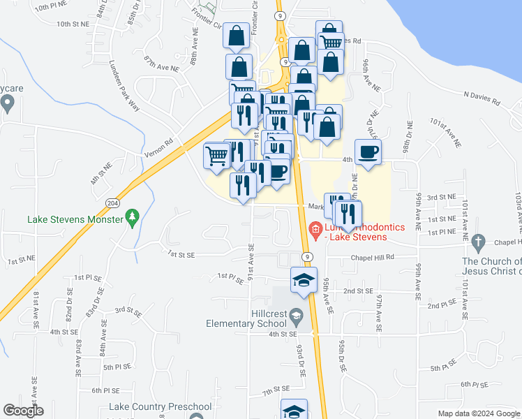 map of restaurants, bars, coffee shops, grocery stores, and more near 9127 1st Place Northeast in Lake Stevens