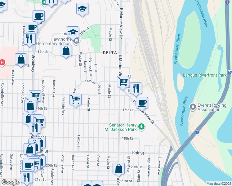 map of restaurants, bars, coffee shops, grocery stores, and more near 1411 Maple Street in Everett