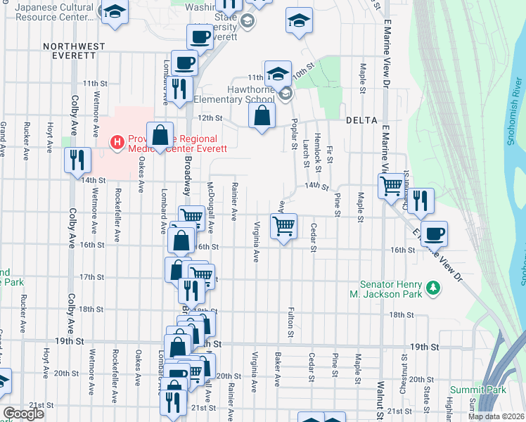 map of restaurants, bars, coffee shops, grocery stores, and more near 1416 Baker Avenue in Everett