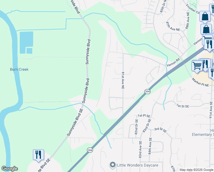 map of restaurants, bars, coffee shops, grocery stores, and more near 224 81st Avenue Northeast in Lake Stevens