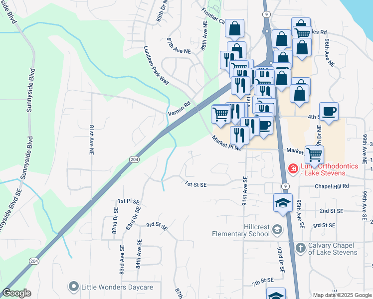 map of restaurants, bars, coffee shops, grocery stores, and more near 8707 1st Place Northeast in Lake Stevens