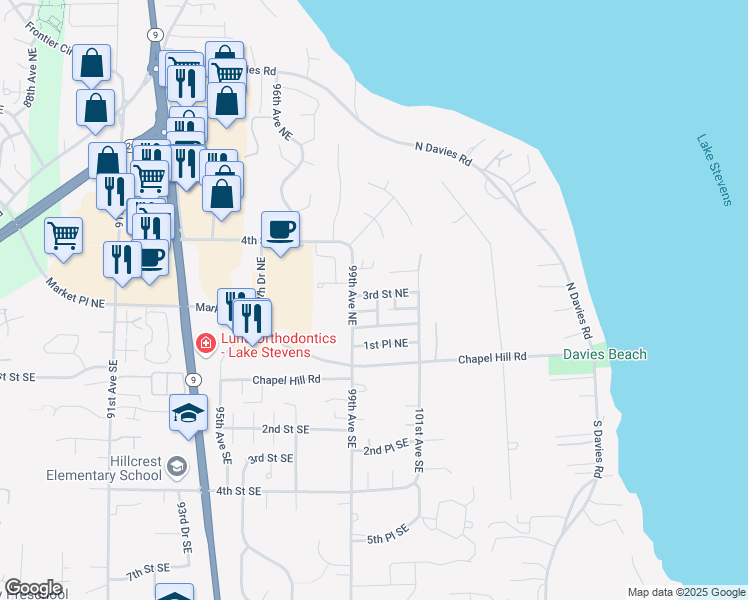 map of restaurants, bars, coffee shops, grocery stores, and more near 9948 3rd Street Northeast in Lake Stevens