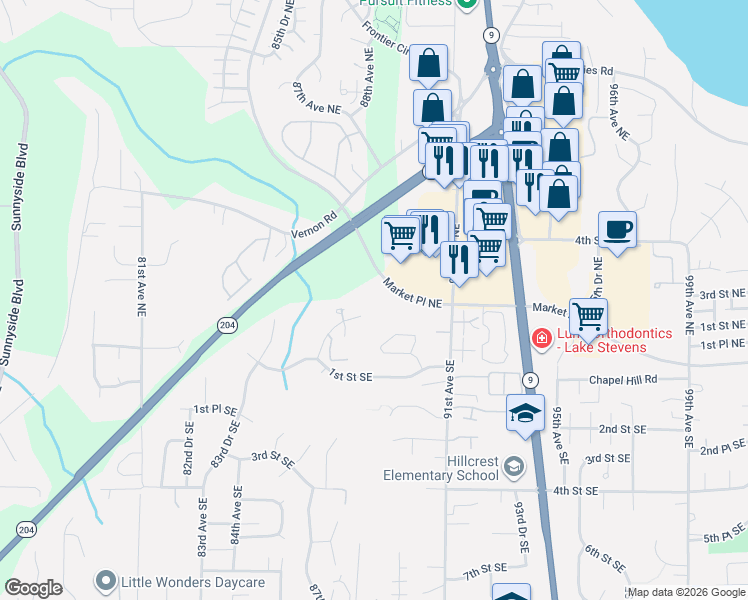 map of restaurants, bars, coffee shops, grocery stores, and more near 8705 1st Place Northeast in Lake Stevens
