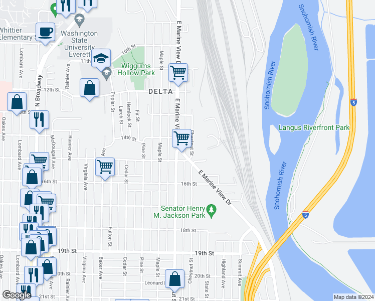map of restaurants, bars, coffee shops, grocery stores, and more near 1409 East Marine View Drive in Everett