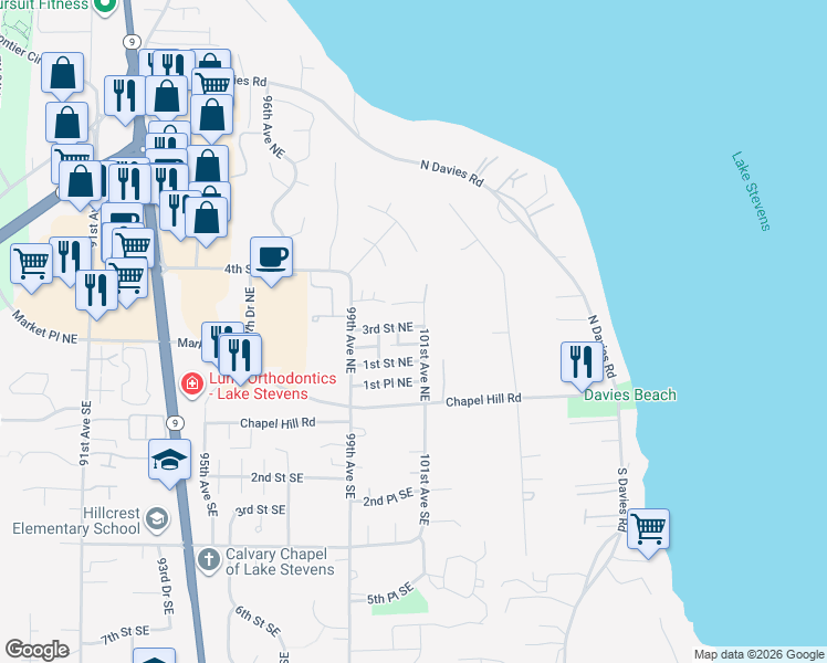 map of restaurants, bars, coffee shops, grocery stores, and more near 220 101st Avenue Northeast in Lake Stevens
