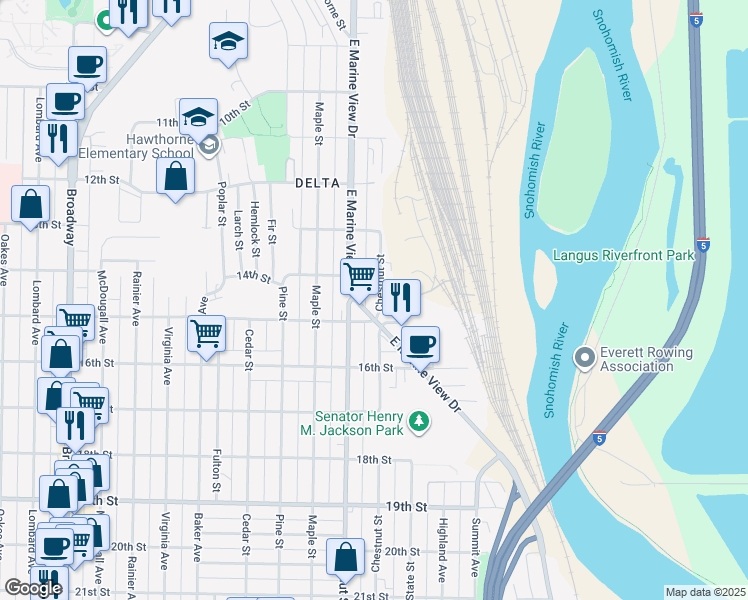 map of restaurants, bars, coffee shops, grocery stores, and more near 1418 Chestnut Street in Everett