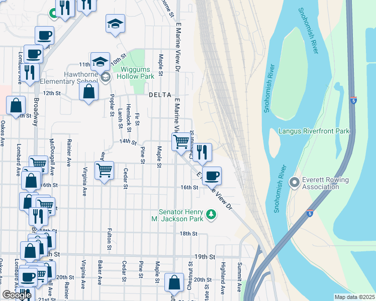 map of restaurants, bars, coffee shops, grocery stores, and more near 1409 East Marine View Drive in Everett