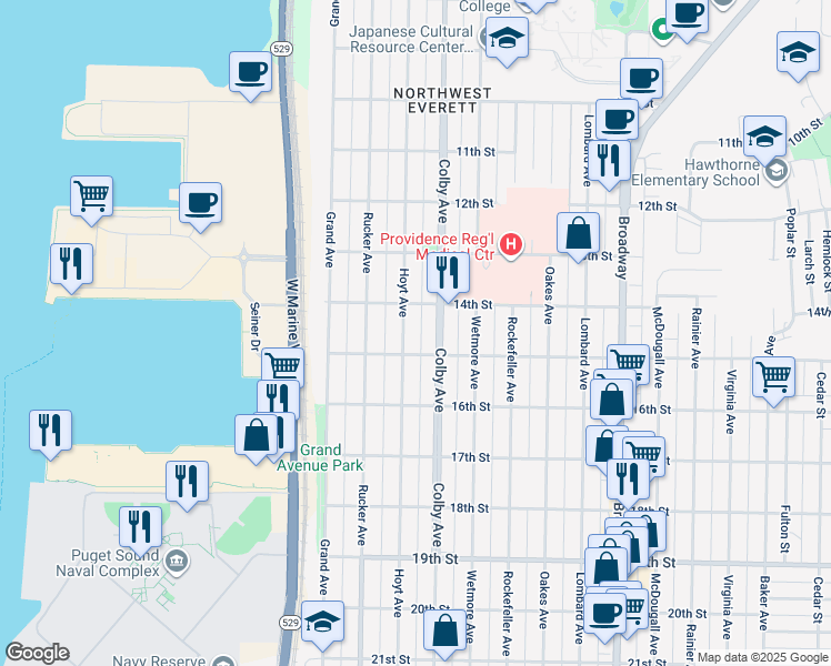 map of restaurants, bars, coffee shops, grocery stores, and more near 1415 Hoyt Avenue in Everett