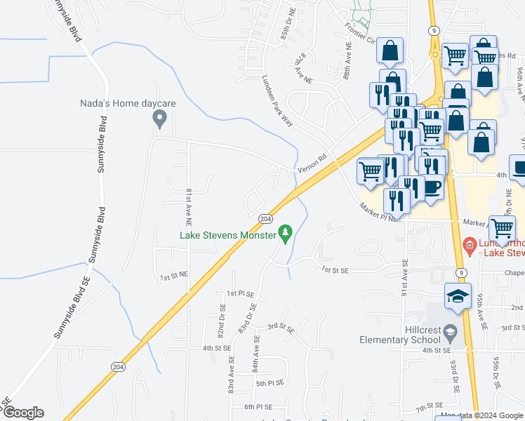 map of restaurants, bars, coffee shops, grocery stores, and more near 8328 2nd Street Northeast in Lake Stevens