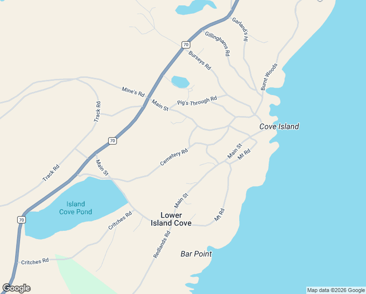 map of restaurants, bars, coffee shops, grocery stores, and more near Redlands Road in Lower Island Cove