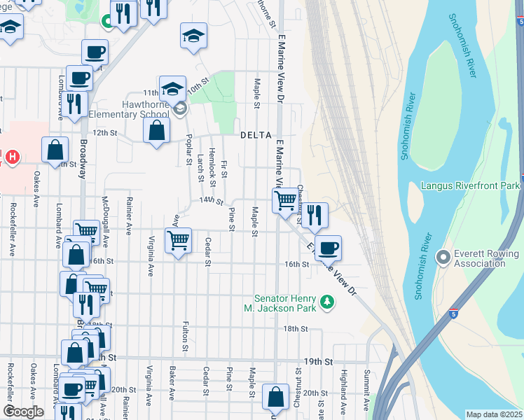 map of restaurants, bars, coffee shops, grocery stores, and more near 1411 Maple Street in Everett