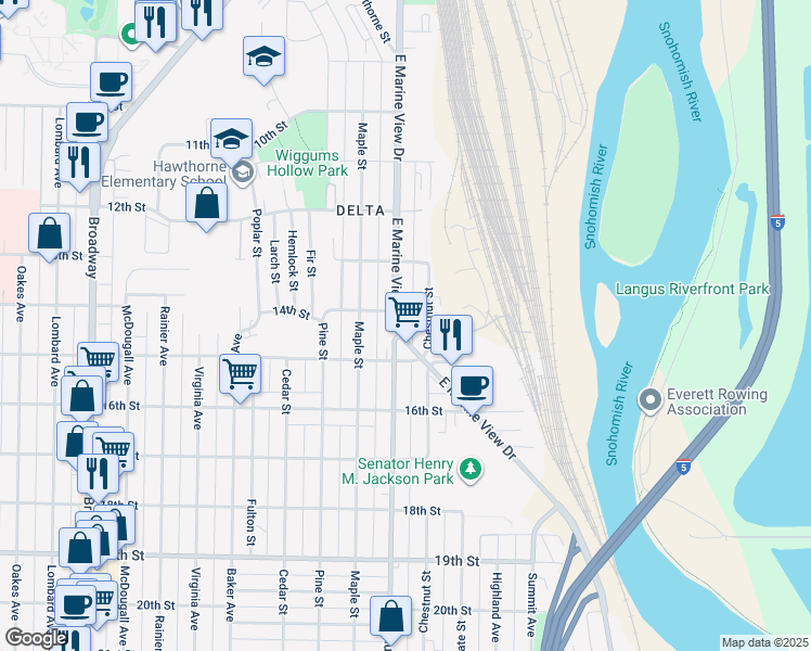 map of restaurants, bars, coffee shops, grocery stores, and more near 1409 East Marine View Drive in Everett