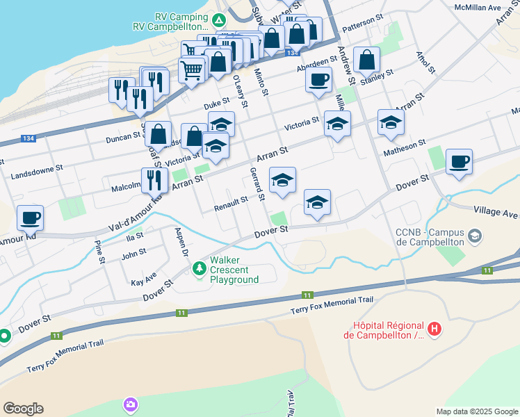 map of restaurants, bars, coffee shops, grocery stores, and more near 43 Gerrard Street in Campbellton