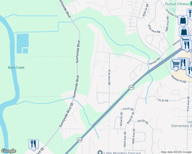 map of restaurants, bars, coffee shops, grocery stores, and more near 224 81st Avenue Northeast in Lake Stevens