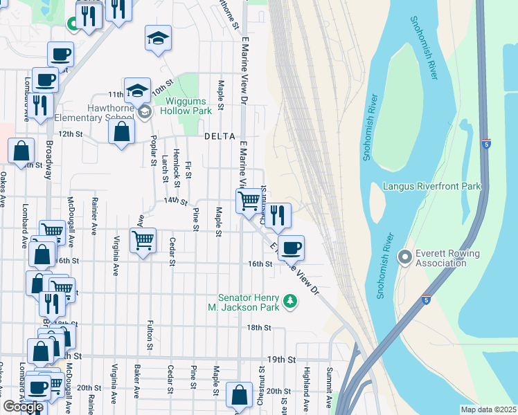 map of restaurants, bars, coffee shops, grocery stores, and more near 1409 East Marine View Drive in Everett