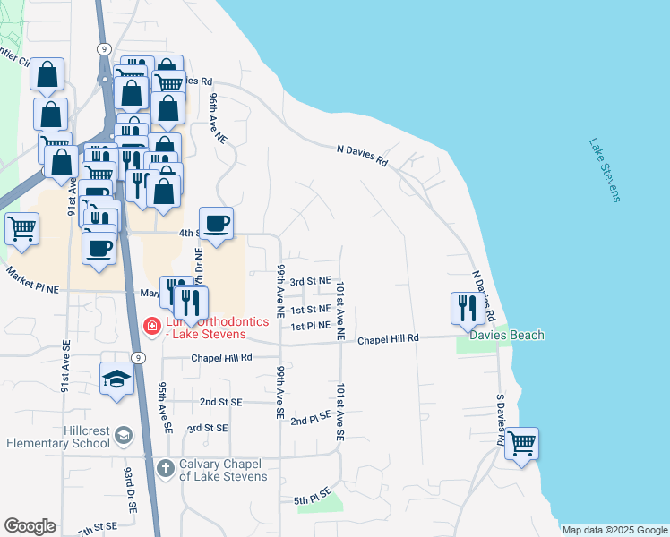 map of restaurants, bars, coffee shops, grocery stores, and more near 220 101st Avenue Northeast in Lake Stevens