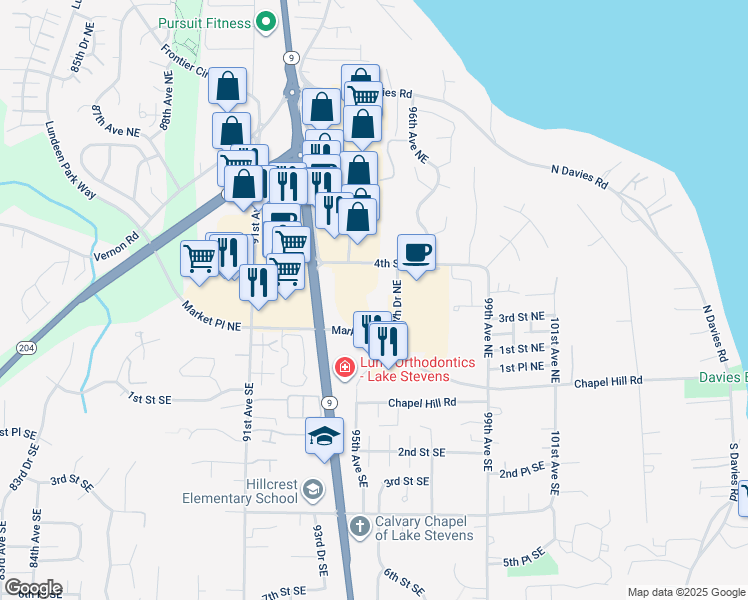 map of restaurants, bars, coffee shops, grocery stores, and more near 9414 4th Street Northeast in Lake Stevens