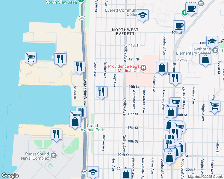 map of restaurants, bars, coffee shops, grocery stores, and more near 1415 Hoyt Avenue in Everett