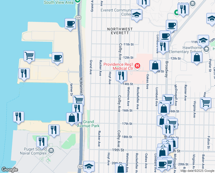 map of restaurants, bars, coffee shops, grocery stores, and more near 1415 Hoyt Avenue in Everett