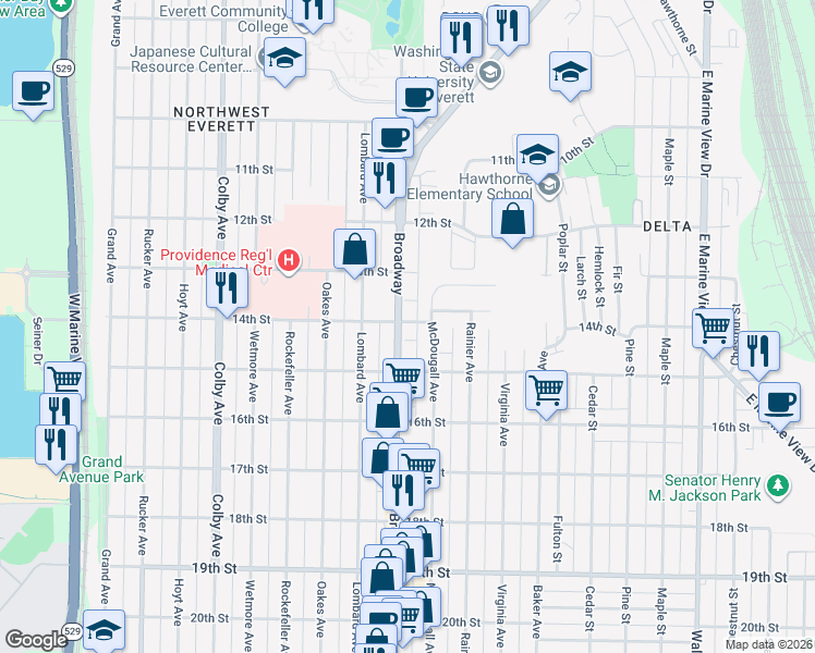 map of restaurants, bars, coffee shops, grocery stores, and more near 1401 Broadway in Everett