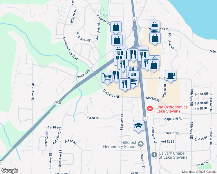 map of restaurants, bars, coffee shops, grocery stores, and more near 8915 Market Place Northeast in Lake Stevens