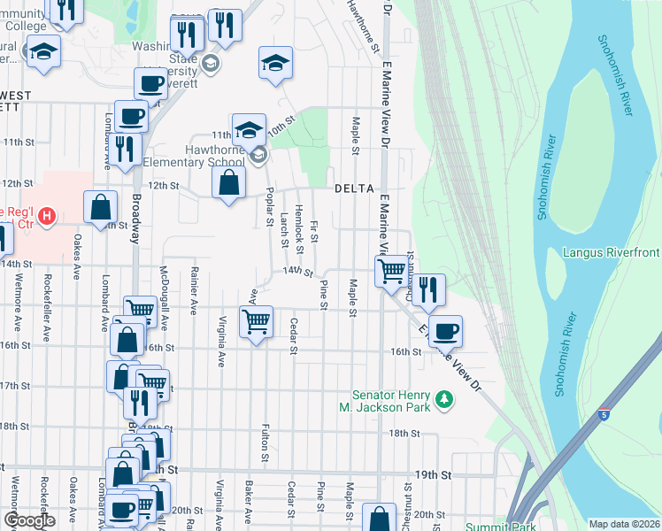 map of restaurants, bars, coffee shops, grocery stores, and more near in Everett