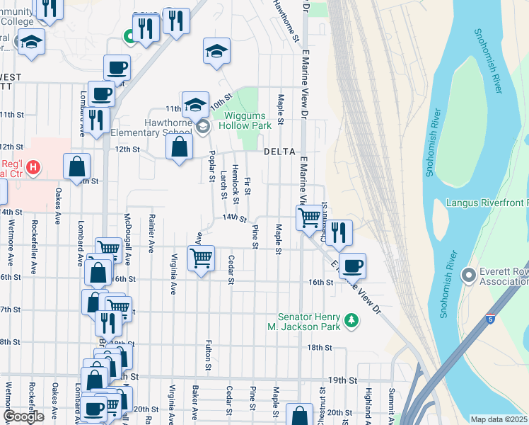 map of restaurants, bars, coffee shops, grocery stores, and more near in Everett
