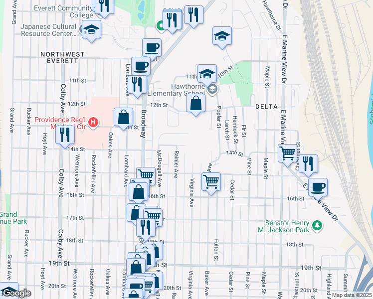 map of restaurants, bars, coffee shops, grocery stores, and more near 2312 Jade Avenue in Everett