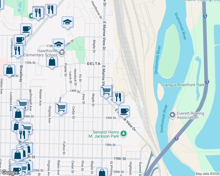 map of restaurants, bars, coffee shops, grocery stores, and more near 1409 East Marine View Drive in Everett