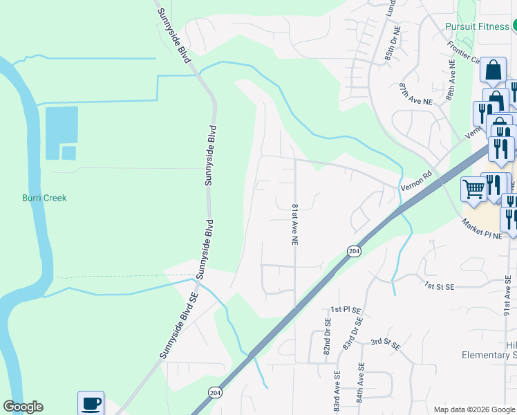 map of restaurants, bars, coffee shops, grocery stores, and more near 224 81st Avenue Northeast in Lake Stevens