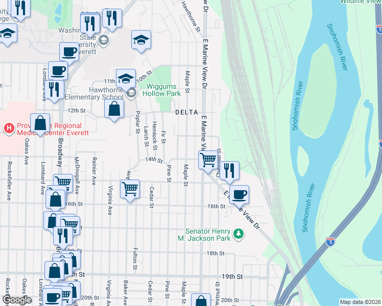 map of restaurants, bars, coffee shops, grocery stores, and more near 1411 Maple Street in Everett