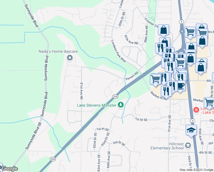 map of restaurants, bars, coffee shops, grocery stores, and more near 8329 4th Street Northeast in Lake Stevens