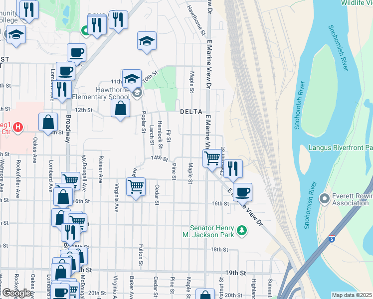 map of restaurants, bars, coffee shops, grocery stores, and more near 2902 13th Street in Everett
