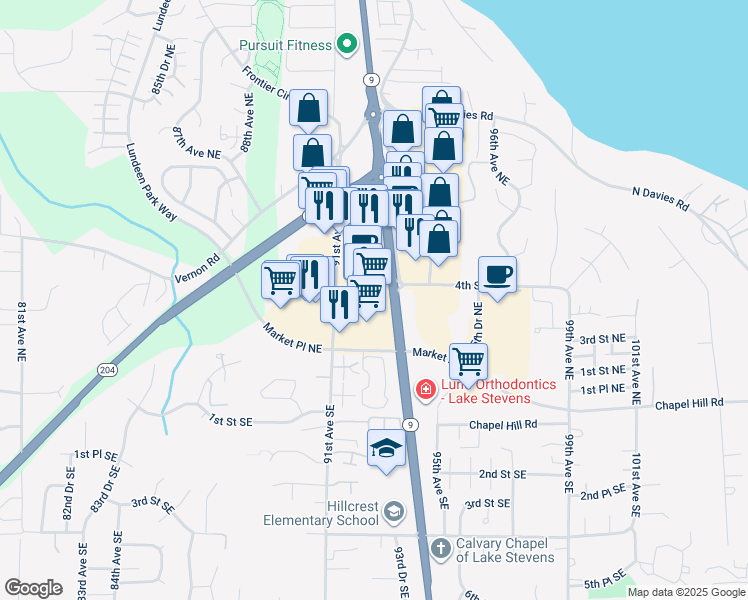 map of restaurants, bars, coffee shops, grocery stores, and more near 303 91st Avenue Northeast in Lake Stevens