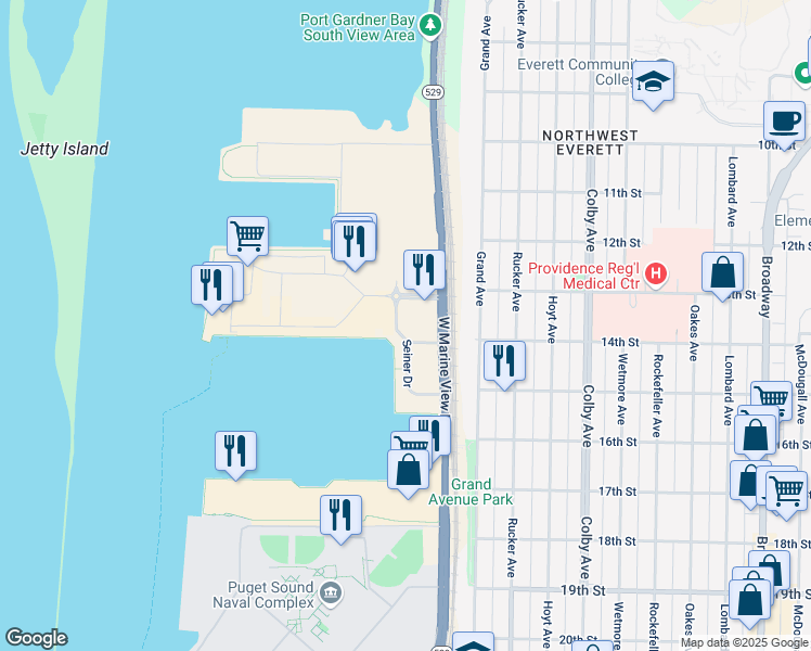 map of restaurants, bars, coffee shops, grocery stores, and more near 1300 West Marine View Drive in Everett