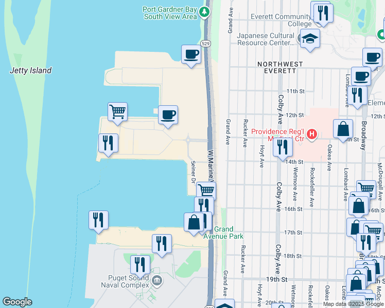 map of restaurants, bars, coffee shops, grocery stores, and more near 1300 West Marine View Drive in Everett